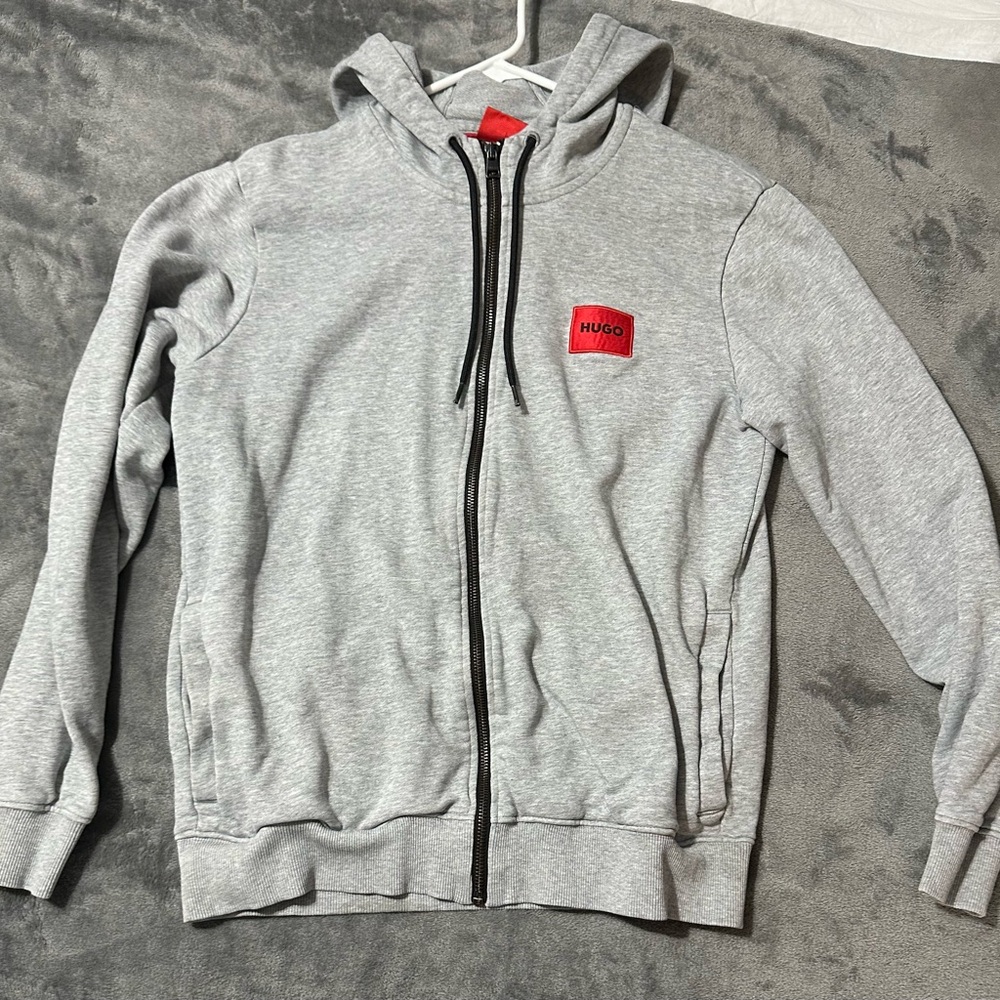 HUGO Light Gray Hoodie with Red Logo